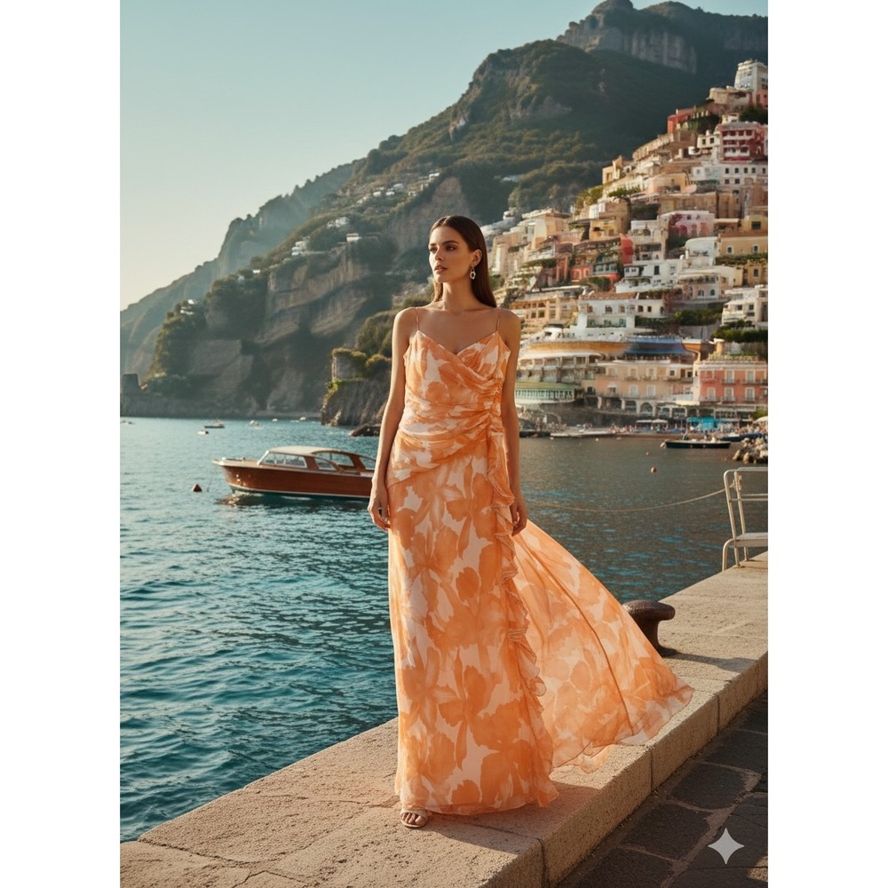 100% Silk Floral‎ Maxi Dress Women's 12 Strappy Ruffle Waterfall Chiffon Fairy